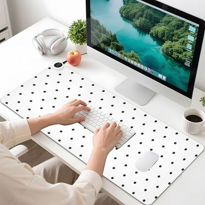 Heated Desk Pad Mouse Pad 31.5x13 Inch PU Leather Desk Mat with 3 Heat Levels Large Mouse Gaming Computer Laptop Mat Black Polka Dot White