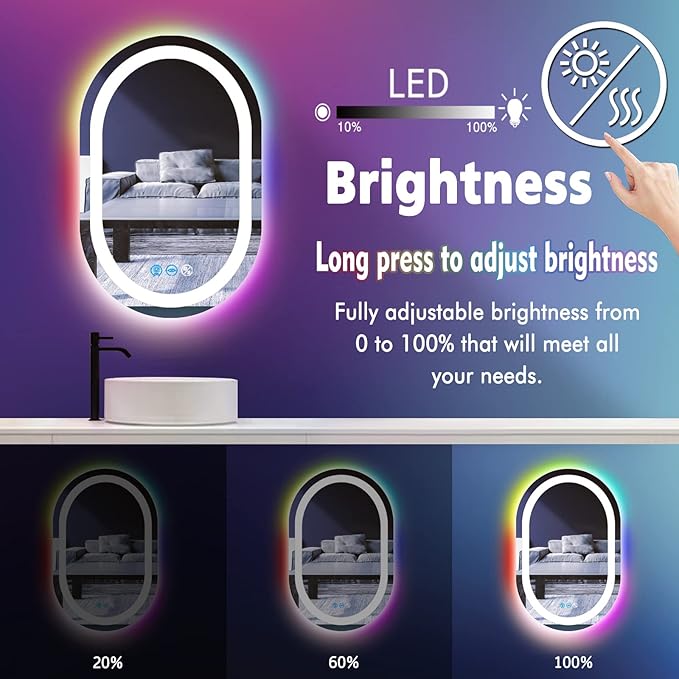 24 x 16 Inch RGB Oval Bathroom Mirror with Smart Dimmable 3 Color Front Lights & Rainbow Colorful Changing Backlit Oval Lighted Vanity Mirror for Bathroom Wall Horizontal or Vertical Mounted