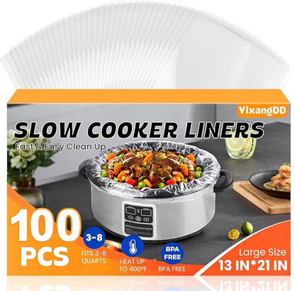 100 Pack Slow Cooker Liners, Large Size 13"x 21" Cooking Bags Disposable Pot Liners, Plastic Slow Cooker Bags Fits 3-8 Quarts, BPA Free, Suitable for Oval & Round Pot
