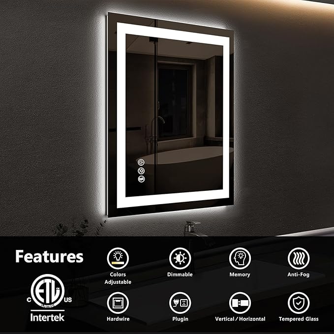 ROOMTEC LED Bathroom Mirror 28 x 20 Inches with Front and Backlit,Anti-Fog,3 Colors and Dimmable Light(Horizontal/Vertical)