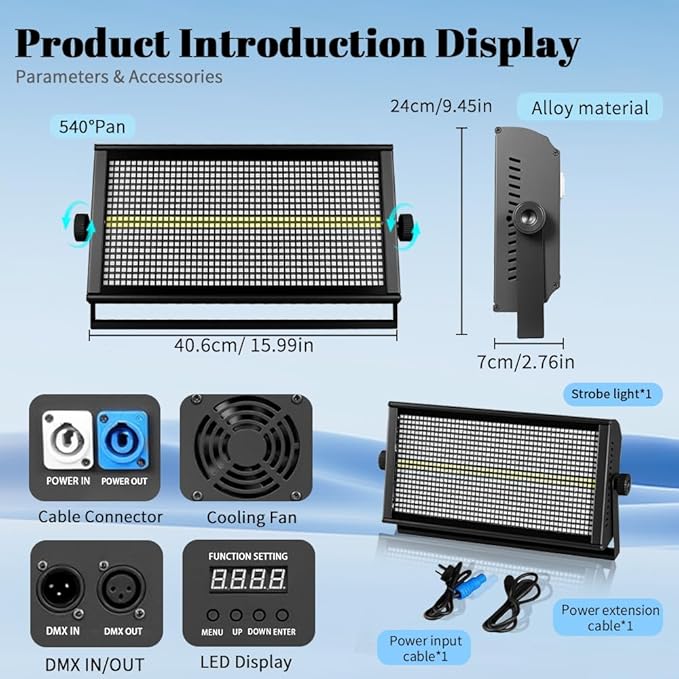 MINGJIE 500W LED Stage Strobe Wash Light with 960 LEDs RGBW 12 Colors, DMX512/Sound Activated/Auto/Master-Slave Modes, Metal Housing for DJ Disco Party Wedding Church Bar Stage Lighting (1PC Light)
