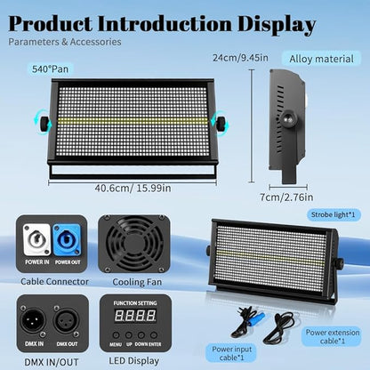 MINGJIE 500W LED Stage Strobe Wash Light with 960 LEDs RGBW 12 Colors, DMX512/Sound Activated/Auto/Master-Slave Modes, Metal Housing for DJ Disco Party Wedding Church Bar Stage Lighting (1PC Light)