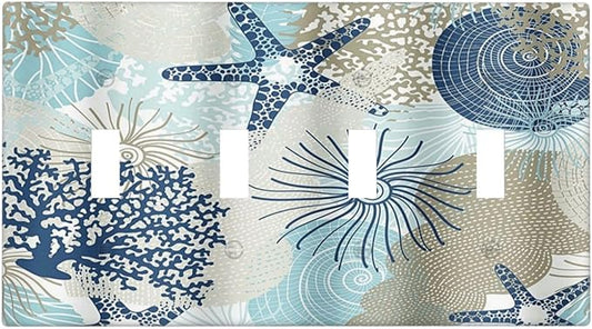 Decorative Light Switch Cover Plate Blue Starfish Brown Coral Ocean 4 Gang Wall Plates for Electrical Outlets Quad Toggle Switch Plate Covers Outlet Covers Faceplate for Girlroom Home Decor