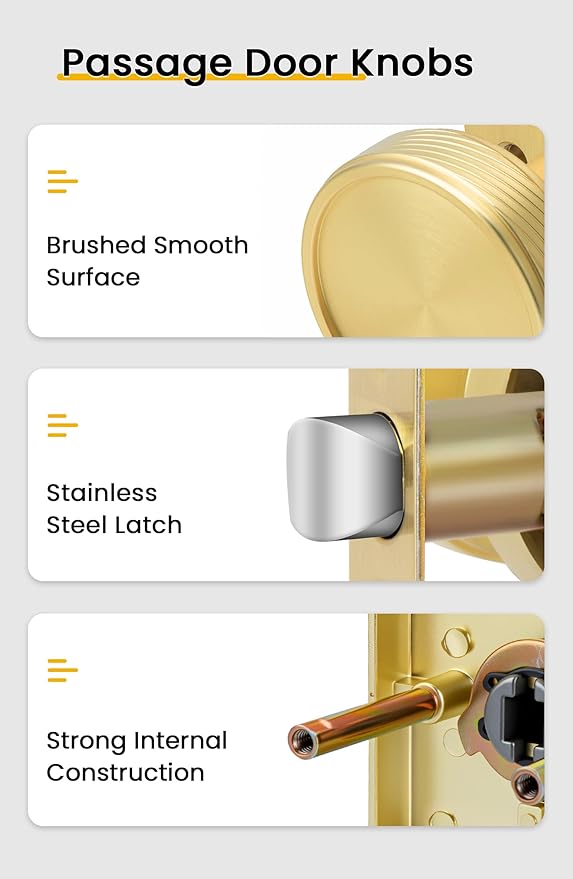 goldenwarm Passage Door Knob Gold, Zinc-Alloy Modern Brushed Gold Closet Door Knob Interior for Hallways, Heavy Duty Square Gold Modern Doorknob - 1 Pack