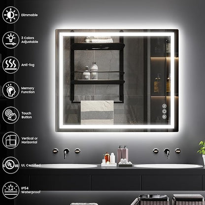 30"x 36" Bathroom Mirror for Over Sink, Anti-Fog LED Bathroom Mirror with Lights, Memory 3 Colors Modes & Dimmable Bathroom Vanity Mirror