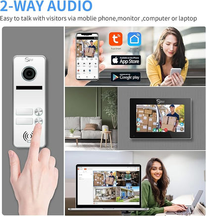 Wired Apartment Video Intercom System 2 Units 7 Inches Touch Monitor Wireless Wifi Video Doorbell System,Video Door Phone Kit,Indoor Outdoor Support Monitoring, Unlock, Dual Way Intercom for Home