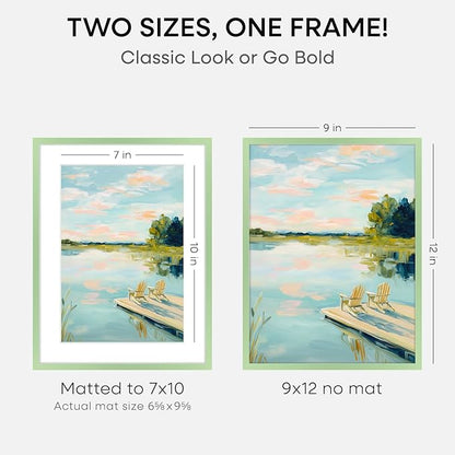 Homeforia 9x12 Sage Green Frame, High End Metal 9 x 12 Picture Frame with Mat 7 by 10 inch Photo, 9by12 Poster Frame Matted to 7x10 Art, 12x9 Wall or Tabletop Frame, Tempered Glass, Wall Kit, Set of 1