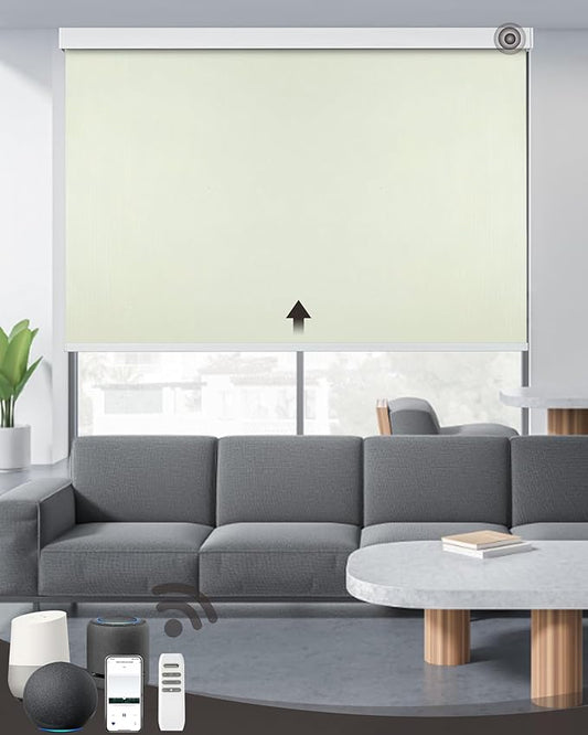 AIVIDIG Motorized Roller Shade with Remote Control, 100% Blackout Electric 21-98” Width Blinds for Windows with Alexa Google Home, Rechargeable Smart Automatic Customized Size（Waterproof-Beige）