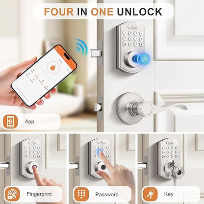 Probrico Smart Door Lock Satin Nickel Keyless Entry Door Lock, Keypad Door Lock with Handle Fingerprint Deadbolt Handle Set
