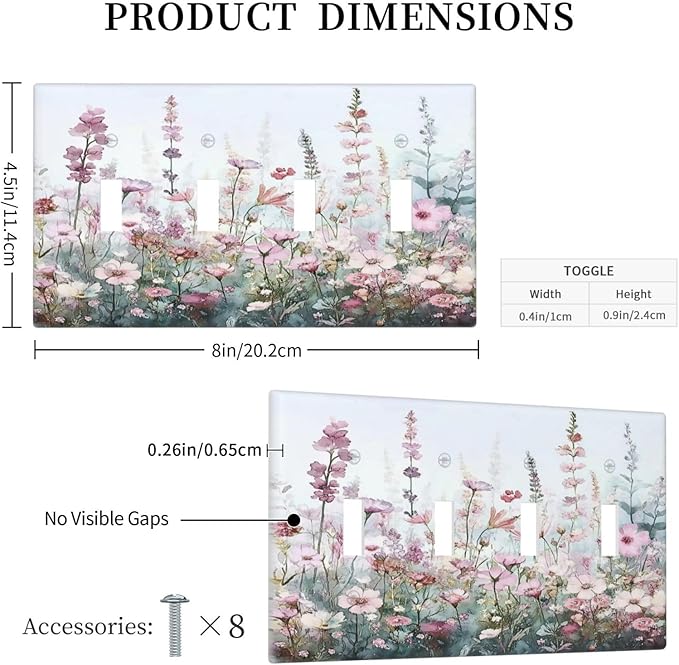 Pink Floral Watercolor Botanical Wildflowers Light Switch Covers Quad Toggle Electrical Faceplate 4 Gang Wall Plate Decorative Switch Plates For Bed Room Living Room Decor