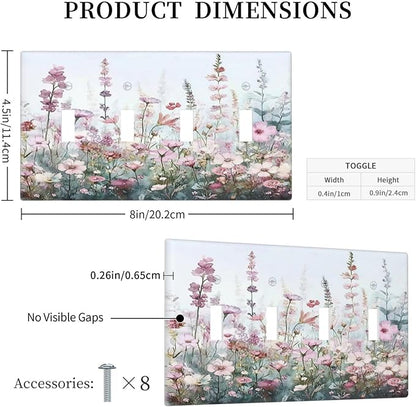 Pink Floral Watercolor Botanical Wildflowers Light Switch Covers Quad Toggle Electrical Faceplate 4 Gang Wall Plate Decorative Switch Plates For Bed Room Living Room Decor