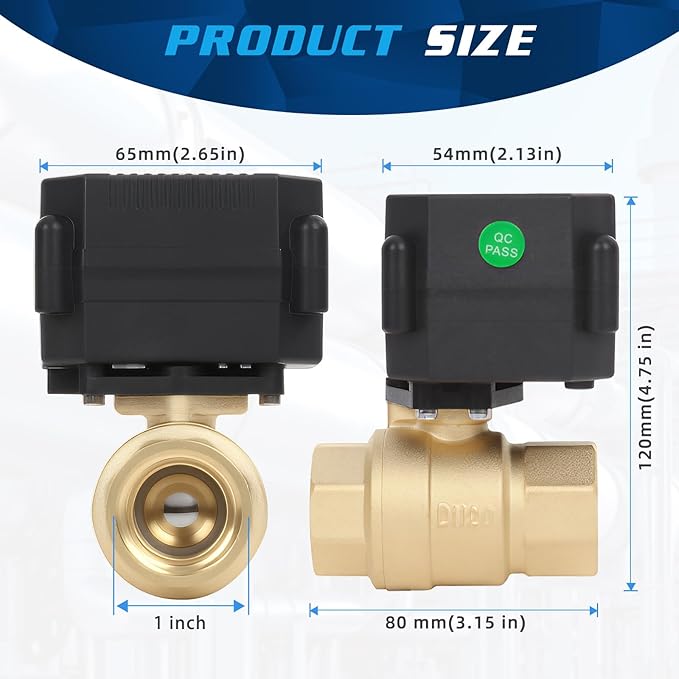 1" Motorized Ball Valve Brass - 2 Wire Auto Return Electric Water Valve with Full Port, 9-24V AC/DC Automatic Ball Valve