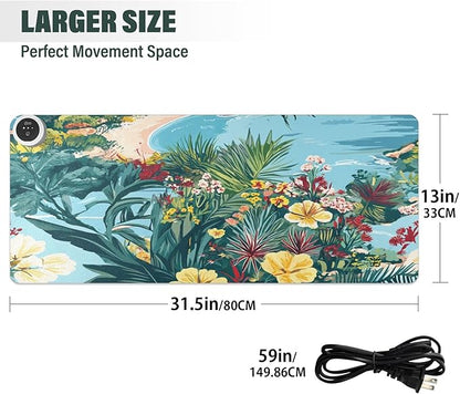 Heated Desk Pad Mouse Pad 31.5x13 Inch PU Leather Desk Mat with 3 Heat Levels Large Mouse Gaming Computer Laptop Mat Coastline Hibiscus
