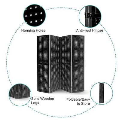 Babion 4 Panel Pegboard Display, Peg Board Room Divider Freestanding Folding Privacy Screens Display Stand for Craft Shows (Black)