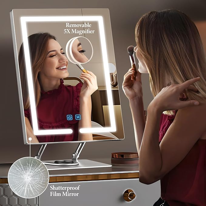 Vanity Mirror with Lights with 360° Rotation, LED Makeup Mirror with 5X Magnification, Lighted Makeup Mirror Adjustable Height, Angle and Light, Smart Touch Control Dark Gray