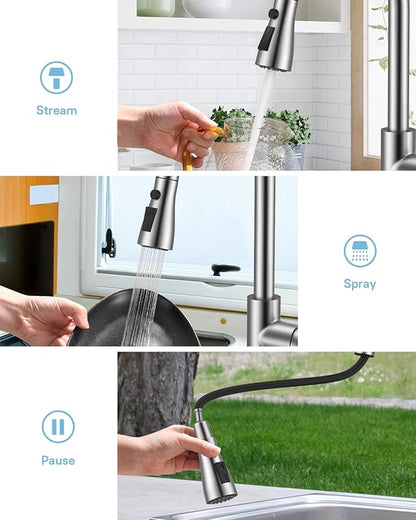 WEWE Kitchen Faucets with Pull Down Sprayer, Stainless Steel Single Handle 1 Hole for Family Kitchen Commercial Camper Laundry Rv Bar, Leak-Proof Brushed Nickel Bar Sink Faucet