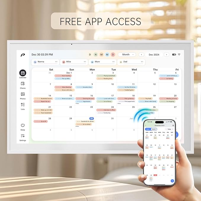 Digital Calendar, 15.6 inch Wall Planner & Chore Chart, Rechargeable Full HD Touchscreen Display, Portable Smart Family Organizer, Event Planner, Perfect for Family Schedules, No Subscription, Christmas Gifts for Dad Mom