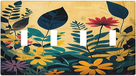Light Switch Cover Plate Abstract Minimalist Floral Botanical Boho Flower Quad Toggle Wall Plates Decorative Switch Plates 4 Gang Outlet Covers Electrical Panel Cover Faceplate for Home 4.5 X 8 IN
