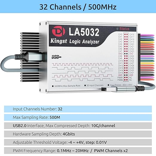 USB Logic Analyzer LA5032 32 Channels 500MHz 10G Samples for MCU ARM FPGA Debug Tool MIPI Analyzer with English Software Compatible with Windows Mac Linux