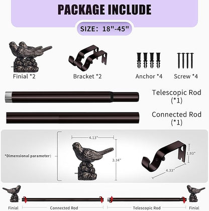 Curtain Rods 18 to 45 Inches Vintage Oil Bronze Curtain Rods for Windows Adjustable Drapery Rod with Bird Finials Heavy Duty Brown Curtains Rod for Kitchen Window Living Room