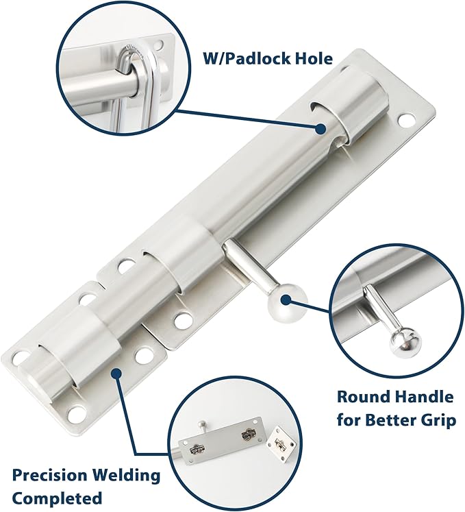 Alise 6 inch Barrel Bolt Latch,Slide Bolt Latch, Heavy Duty Solid SUS304 Stainless Steel Slide Lock for Wooden Fence,Barn Door,Interior or Outdoor Door Brushed Nickel MS8000-LS