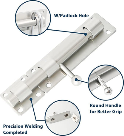 Alise 8 inch Barrel Bolt Latch,Slide Bolt Latch,Heavy Duty Solid SUS304 Stainless Steel Slide Lock for Wooden Fence,Barn Door,Interior or Outdoor Door Brushed Nickel MS9000-LS