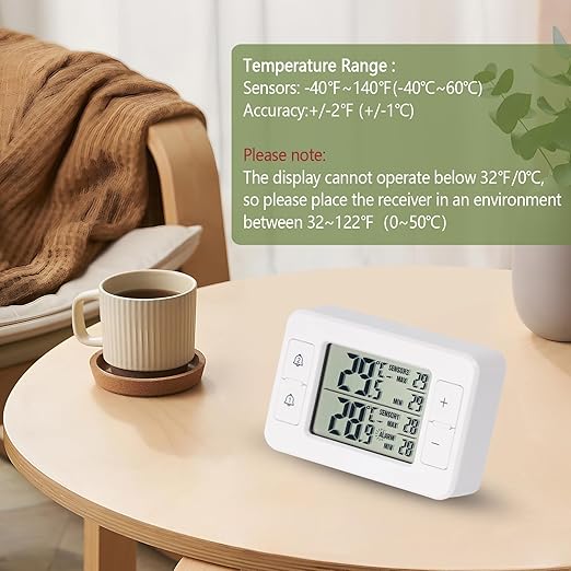 Refrigerator Thermometer, Digital Freezer Thermometer with 2 Wireless Temperature Monitor Sensors, Big LCD Display, Min/Max, Audible Alarm for Home Restaurants Fridge