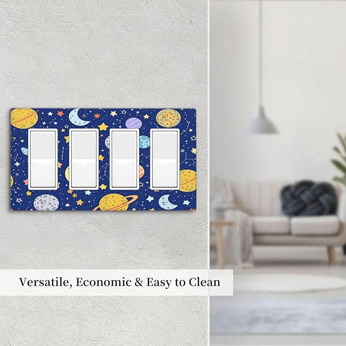 Stars Starry Night Sun Moon Planet Constellations Wallplates 4 Gang Quad Rocker Decorative Light Switch Covers Electrical GFCI Faceplate Switch Plate for Bedroom Bathroom Decor