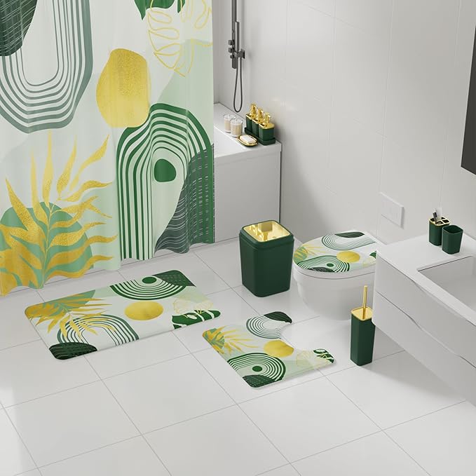 Bathroom Set - Bathroom Sets with Shower Curtain and Rugs, Bathroom Accessory Set, Dark Green Bathroom Accessories Set with Trash Can, Toilet Brush and Soap Dispensers