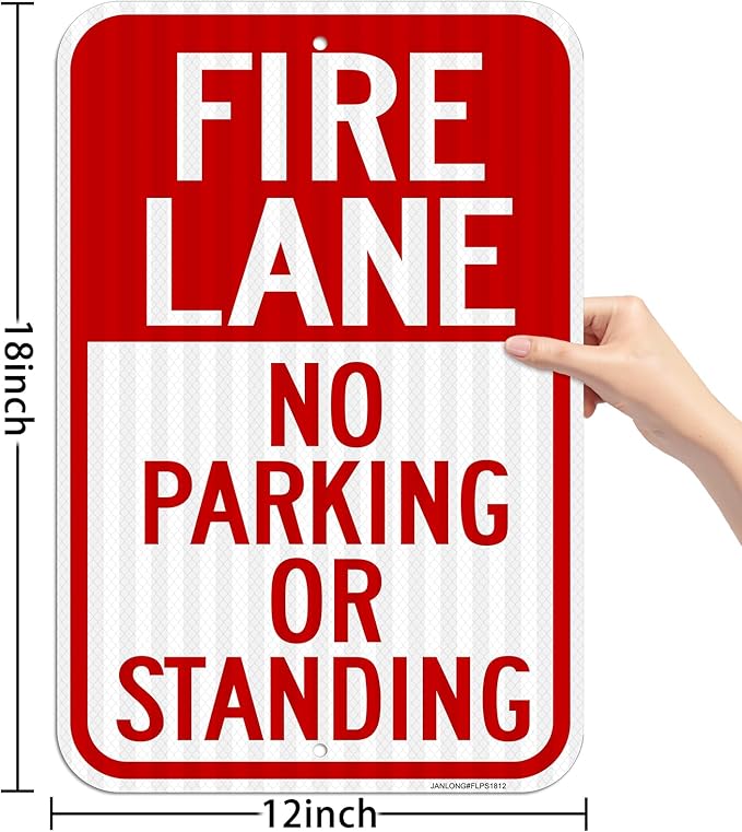 2 Pack- Fire Lane No Parking Or Standing Sign, 18" x 12" Heavy-Duty Aluminum Fire Lane Sign, UV Protected, Reflective, Weather Resistant, Waterproof, Durable Ink, Easy to Mount
