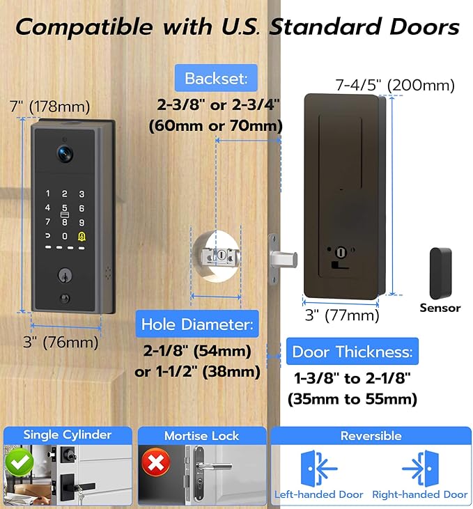 Anweller MD2 Smart Deadbolt Lock with Camera, Fingerprint Keyless Entry Door Lock for Front Door, Built-in WiFi, 10000mAh Battery, Door Sensor, Code Keypad, RFID Card, App Remote Control