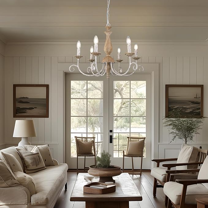 French Country Chandelier,6-Light Farmhouse Vintage Antique Brown Metal Chandelier Pendant Light Fixtures for Kitchen Island Dining Room Living Room Foyer Entryway Office