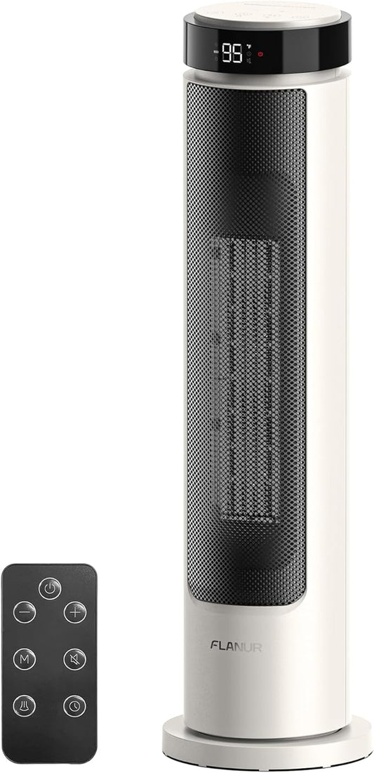 1500W Tower Indoor Space Heater for Home with Programmable Thermostat, 12H Timer & Remote Control, Oscillation and ECO Mode, Electric Heaters for Office, Bedroom, Home (Ivory)