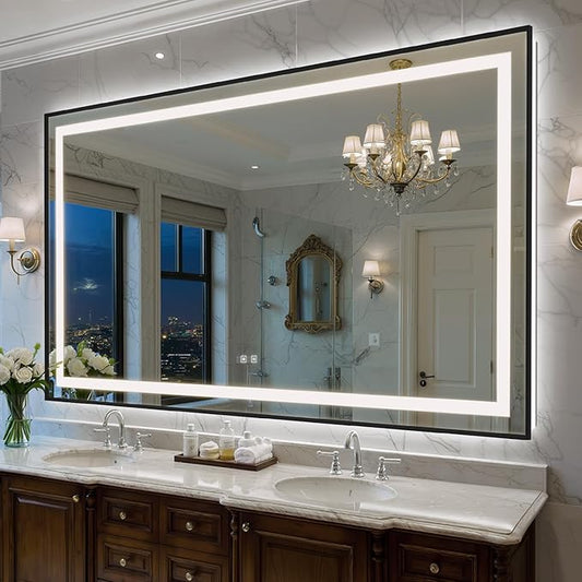 72X40 Inch LED Bathroom Mirror with Lights, Black Frame Frontlit+ Backlit Bathroom Vanity Mirror for Wall, Ultra-Clear Tempered Glass, Shatter-Proof, Anti-Fog and Memory Function, ETL Listed