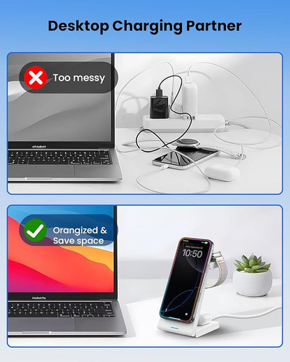 3 in 1 Wireless Charging Station, Foldable Magnetic Wireless Charger Stand for Multiple Devices, Wireless Charger for iPhone 16/15/14/13/12, Apple Watch 9/8/7/6/SE/5/4/3/2, AirPods 3/2/Pro