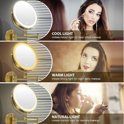 Wall Mounted Lighted Makeup Mirror,8" Rechargeable Double-Sided Light up Magnifying Mirror 1x/10x,3 Color Led Vanity Mirror with Lights,Touch Dimmable 360° Rotation-Antique Bronze