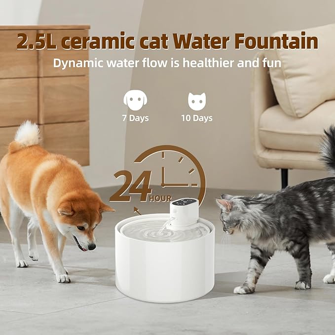 Ceramic Cat Water Fountain,Cat Water Fountain Cordless Sensor Automatic with Ultra-Quiet Pump for Cats, Dogs, Multiple Pets