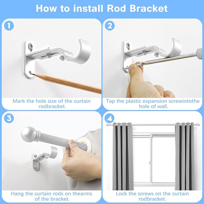 Curtain Rods for Windows 16 to 92 Inches, Curtain Rod Max Adjustable Length of 104 IN, 1" Diameter Drapery Rods Round Finials, Satin Silver, Pack of 1
