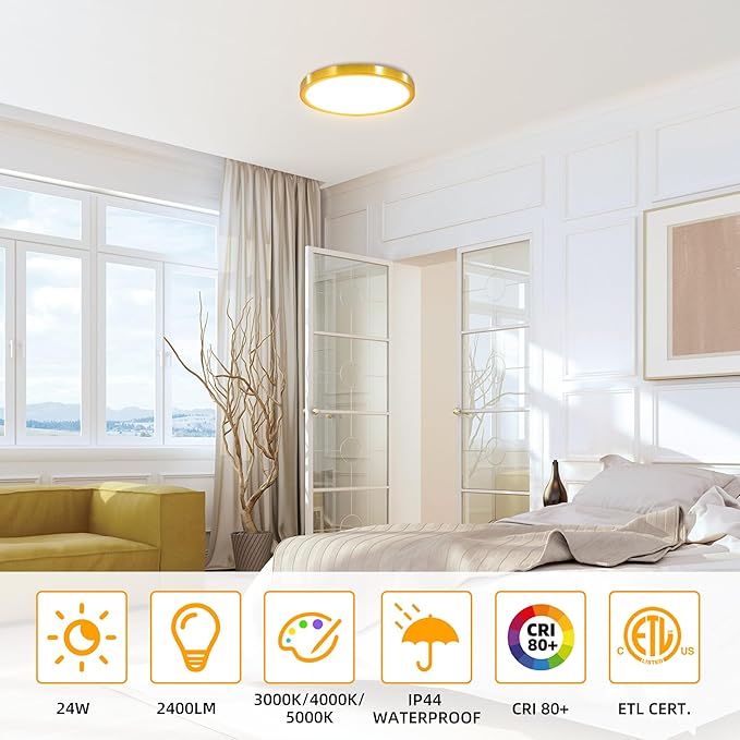 Hlite 6pack 12 inch Flush Mount LED Ceiling Light Fixture,24W 2400LM Super Slim Light Fixtures Ceiling Mount 3000K/4000K/5000K 3CCT Selectable,Light Fixtures for Kitchen,Bedroom (Gold)