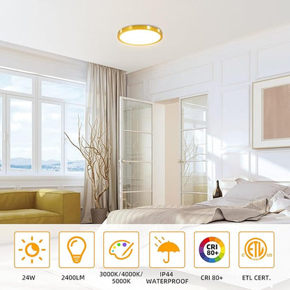 Hlite 4pack 12 inch Flush Mount LED Ceiling Light Fixture,24W 2400LM Super Slim Light Fixtures Ceiling Mount 3000K/4000K/5000K 3CCT Selectable,Light Fixtures for Kitchen,Bedroom (Gold)