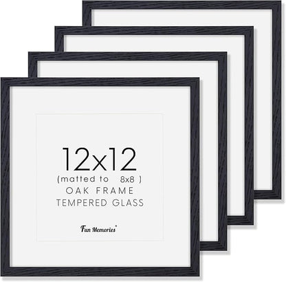 12x12 Picture Frames Set of 4, Black Wood Picture Frame 12 x 12, Oak Wood 12 by 12 Frames with Real Glass, Square 12 x 12 Photo Frames for Wall, 12x12 Frame with Mat for 8x8, Wall Gallery Frame Set
