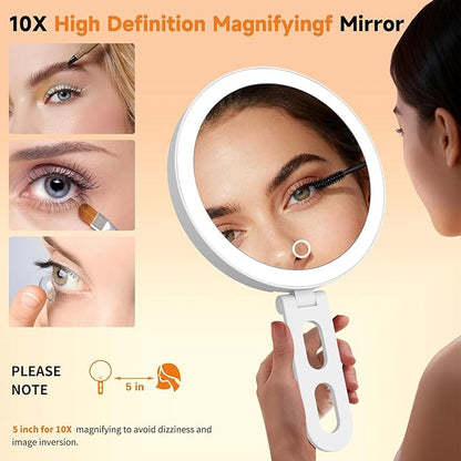 Travel Makeup Mirror with Lights, Lighted Magnifying Mirror 10X, 4-in-1 Portable for Handheld, Tabletop, Hanging and Wall Mount with Suction Cup and 3 Color Light, Ideal Gift for Women and Seniors