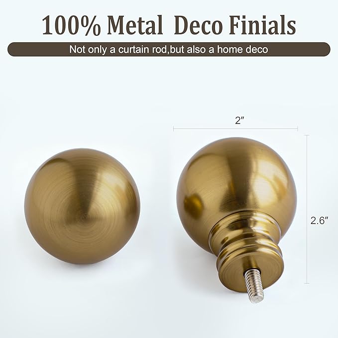 Warm Gold Curtain Rods for Windows 28 to 48 Inch 1" Diameter Adjustable Heavy Duty Brass Window Curtain Rod with Metal Finials for Living Room Bedroom Farmhouse Kitchen Outdoor