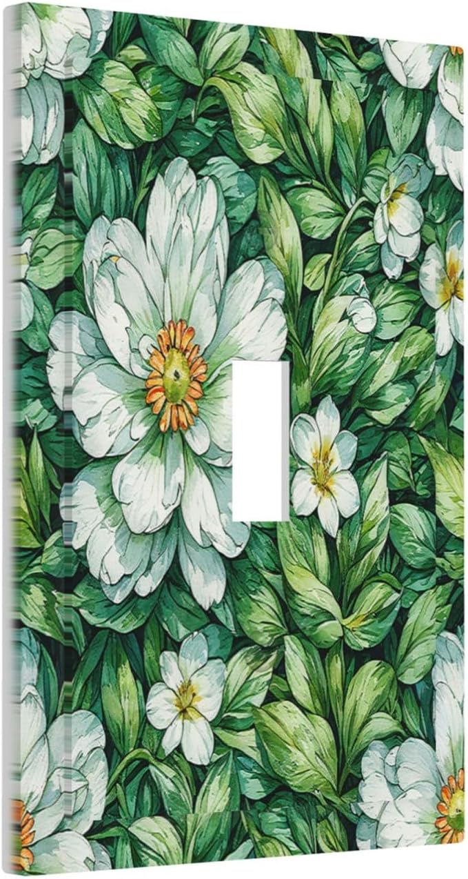 Vintage Floral White Flowers Green Plants Leaves Decorative Light Switch Cover 1 Gang Single Toggle Decorator Outlet Wall Plate Device Electrical Faceplate Switchplates for Bedroom Bathroom
