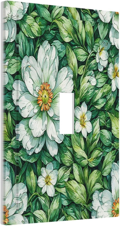 Vintage Floral White Flowers Green Plants Leaves Decorative Light Switch Cover 1 Gang Single Toggle Decorator Outlet Wall Plate Device Electrical Faceplate Switchplates for Bedroom Bathroom