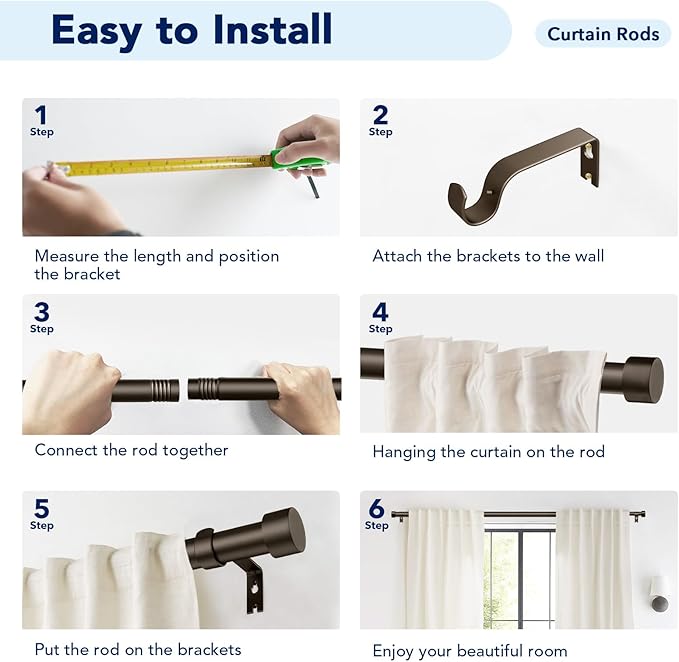 2 Pack Curtain Rods for Windows 66 to 120 Inch(5.5-10ft), 1 Inch Bronze Heavy Duty Curtain Rods Set, Adjustable Extra Long Curtain Rod for Bedroom Patio, Outdoor Drapery Rods, Size 32"- 120"