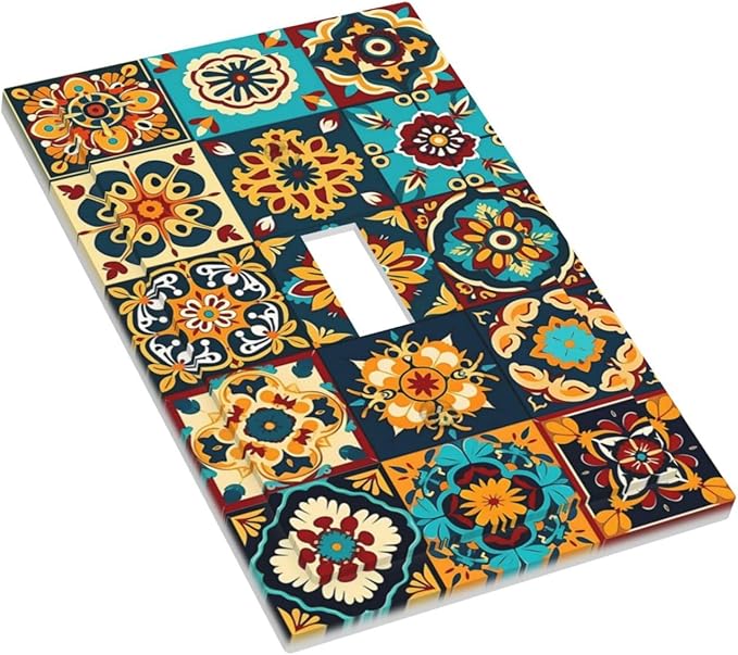 Mexican Talavera Ceramic Tile Moroccan Boho Decorative Light Switch Cover 1 Gang Single Toggle Device Electrical Faceplate Switchplates Decorator Outlet Wall Plate for Bathroom Kitchen Decor