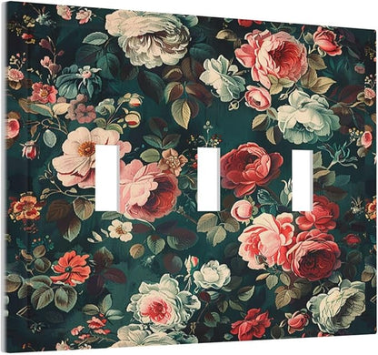 Decorative Switch Plates Baroque Vintage Peony Flower Floral 3 Gang Wall Plate Triple Toggle Light Switch Cover Faceplate Electrical Wall Panels for Bedroom Farmhouse Decor