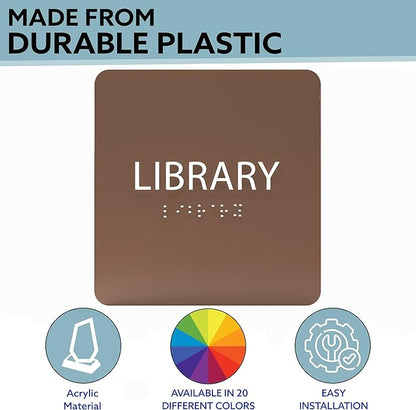 6" X6" Library Sign - ADA Compliant Tactile Graphics Grade 2 Braille Text Acrylic Wall Sign - Quiet zone, Information Convey, Group Study Room Door Signs for Office, School, Home