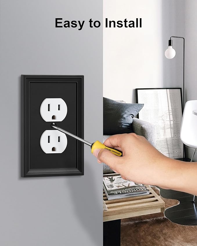 4-Pack Duplex Outlet Cover, Natural Bamboo Fiber Switch Plates and Outlet Covers, Black Decorative Wall Plates for Electrical Outlets, 1 Gang Receptacle Cover, Corrosion Resistant